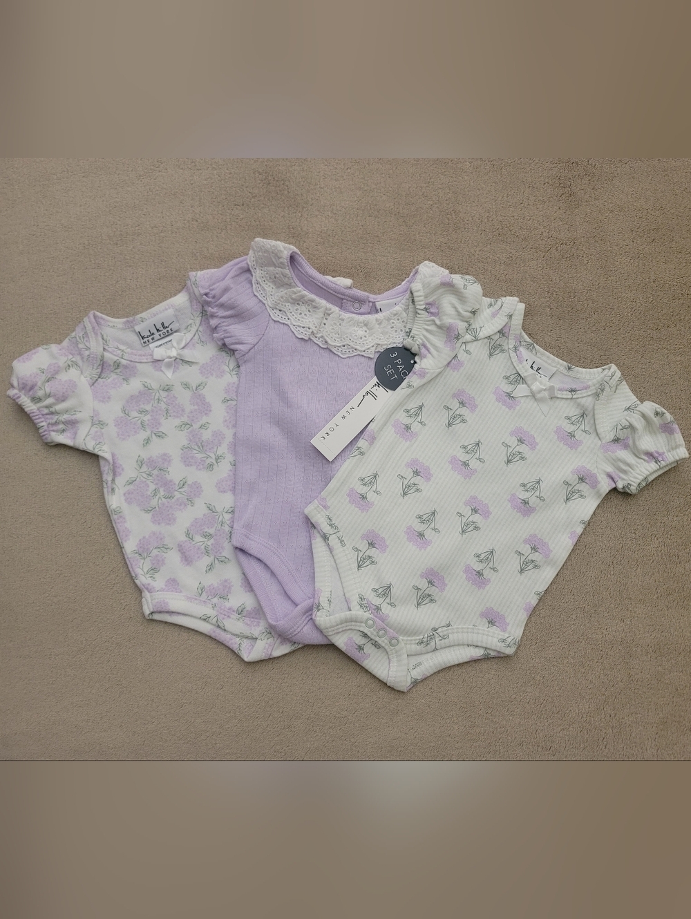 Nicole Miller Lavender Assorted 3Pk Short Sleeve Bodysuits Size: 0-3 Months